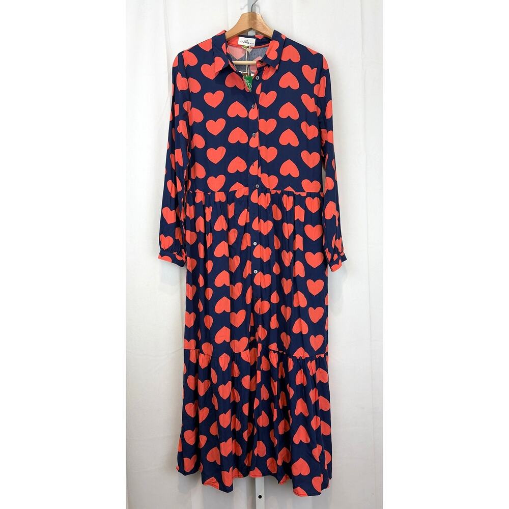 NWT ANORAK Ecovero Midi Shirt Dress Button Up Heart Print Navy Blue UK 8 US 4